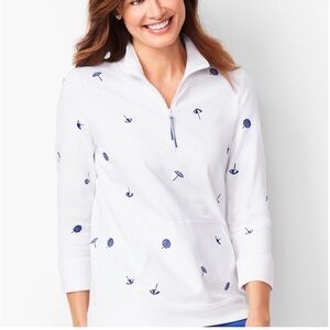 TALBOTS EMBROIDERED -UMBRELLA TERRY HALF-ZIP PULLOVER
